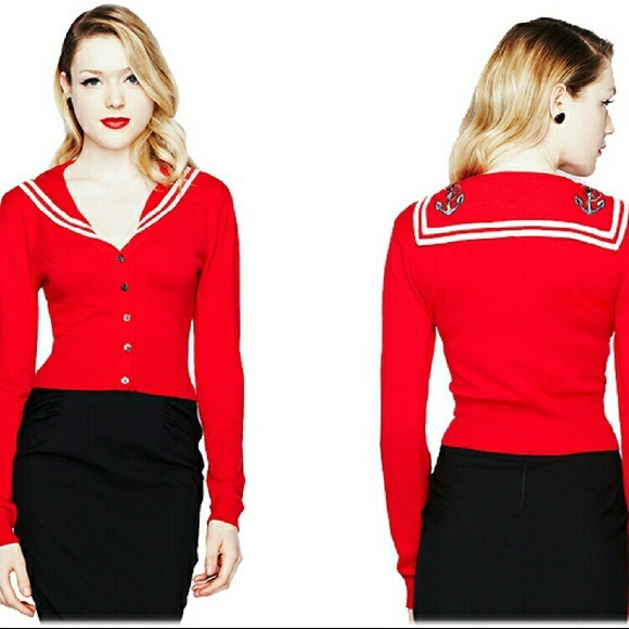 Hell Bunny Tops - Hell Bunny Red Rockabilly Sailor Sweater sz S